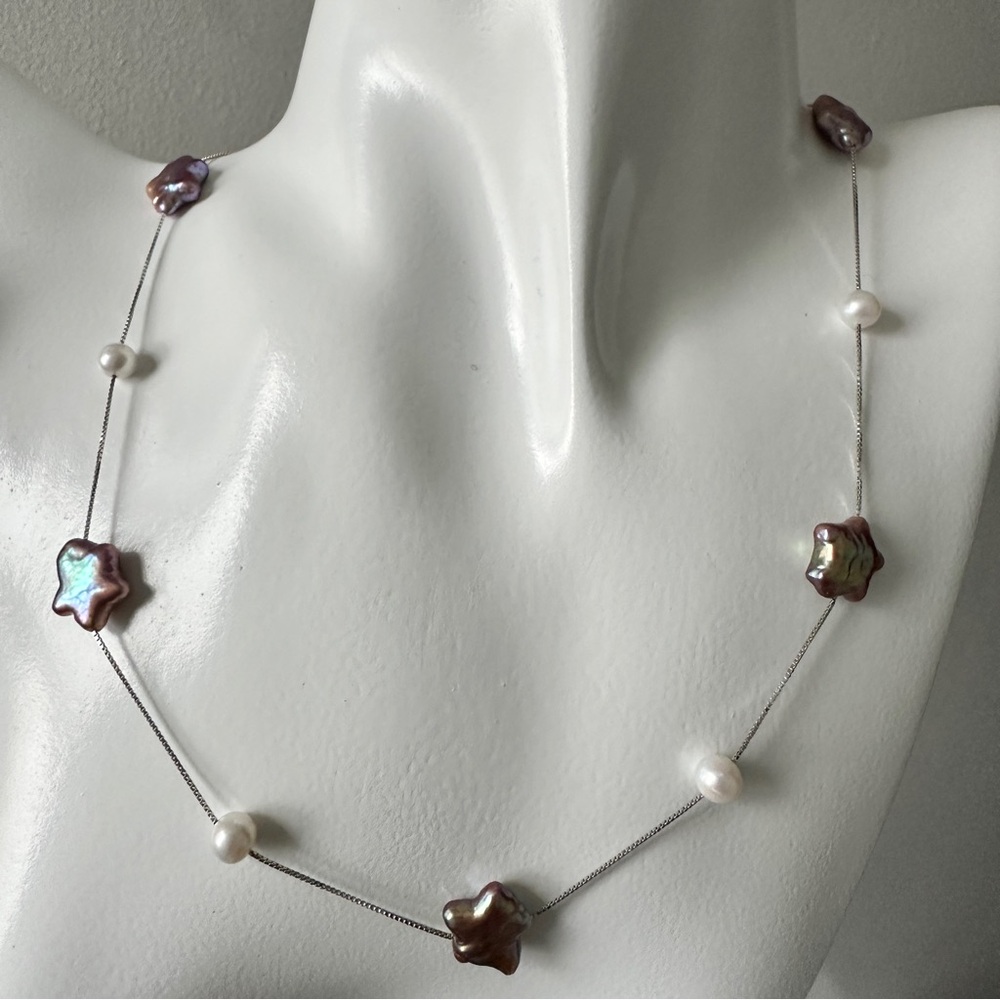 Sterling Silver Genuine Pearl Star Necklace 16 inches
